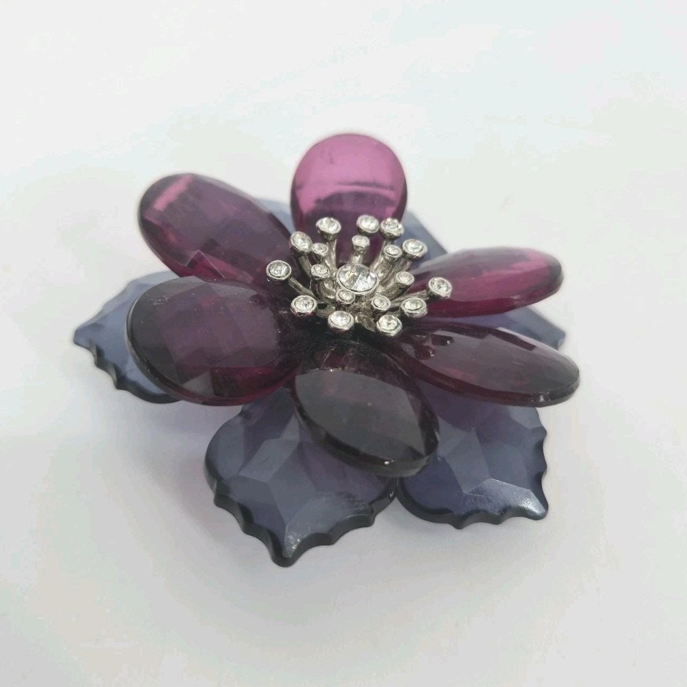 Monet Purple Blue Faceted Acrylic Petals & Rhinestones Flower Brooch Pin Vintage